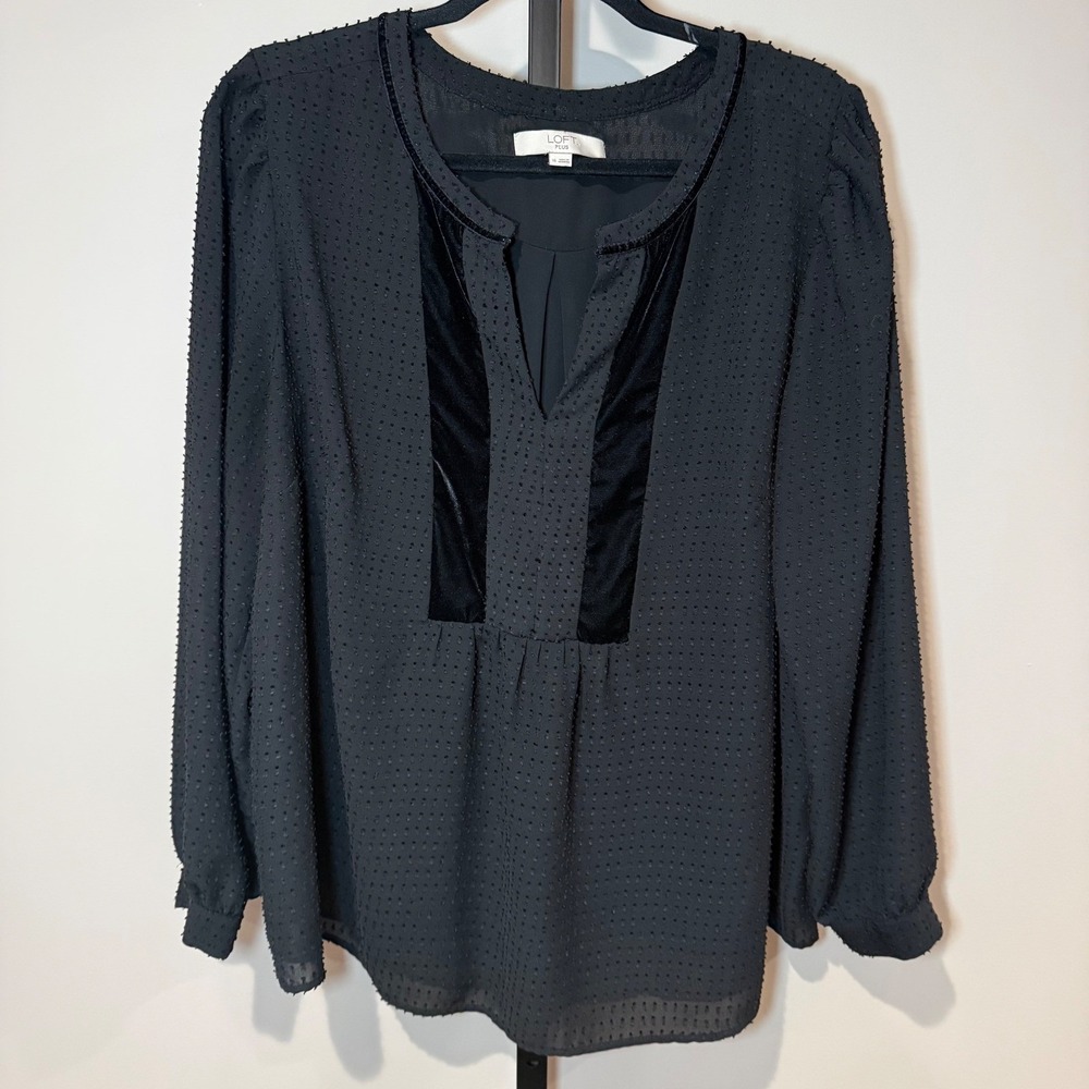 Loft Plus Velvet Trim Swiss Dots Long Sleeve Blouse Black‎ Size 16 - Picture 2 of 8